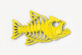 A yellow fish skeleton is shown on the white background.