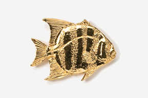 A gold fish pin with black stripes on it.