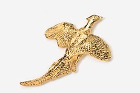 A gold plated dinosaur pin with wings extended.