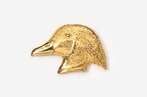 A gold bird head pin is shown on a white background.