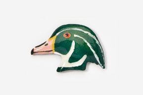 A green duck head with pink beak and yellow eyes.