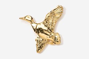 A gold duck is flying in the air.