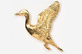 A gold goose with wings spread and a beak open.