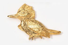 A gold bird is sitting on the ground.