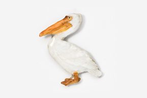 A white pelican sitting on top of a table.