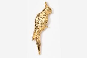 A gold parrot is hanging on the wall.