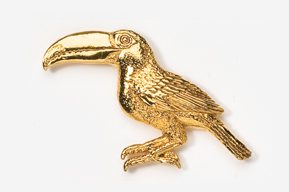 A gold bird is sitting on the ground.