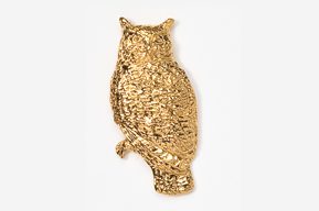 A gold owl is sitting on the ground.