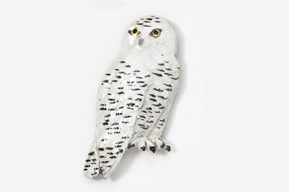 A white owl with black spots on it's body.