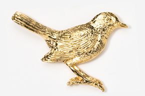 A gold bird is sitting on the ground.