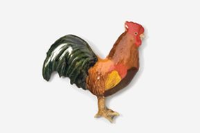 A rooster is painted in red, orange and green.