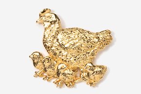 A gold chicken and chicks pin is shown.