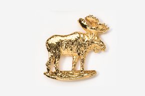 A gold moose pin is shown on a white background.