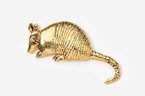 A gold armadillo is sitting on the ground.