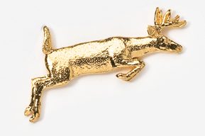 A gold deer brooch is shown on top of white background.