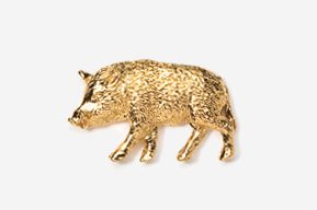 A gold pig is standing on its hind legs.