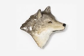 A close up of the head of a wolf