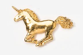 A gold unicorn is standing on its hind legs.