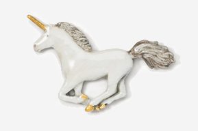 A white unicorn with gold horn and tail.