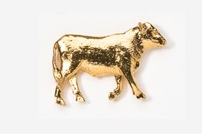 A gold colored cow is standing in the middle of a field.