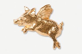 A gold pig with wings flying in the air.