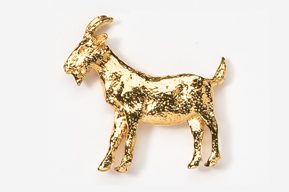 A gold goat is standing in the middle of a field.