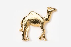 A gold camel is standing up against the wall.