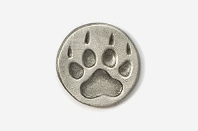 A silver animal print button with the paw prints on it.