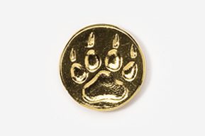 A gold colored animal print button with the paw prints of a dog.