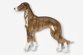 A brown and white dog standing on top of a floor.