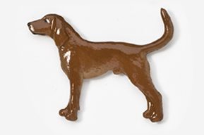 A chocolate dog is standing up to be eaten.