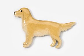 A golden retriever dog brooch is shown in this image.