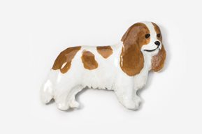 A brown and white dog is standing on the ground