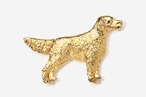 A golden retriever dog pin is shown in gold.