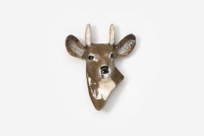 A deer head mounted to the side of a wall.