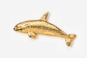 A gold dolphin is shown on the white background.