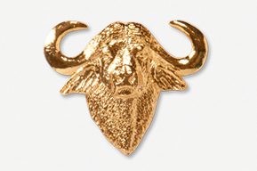 A gold colored animal head with horns.