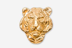 A gold tiger head pin is shown.