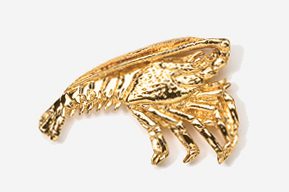 A gold plated scorpion pin with no background.