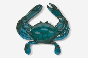 A blue crab is shown in front of a white background.