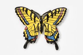 A yellow butterfly with black wings and blue stripes.