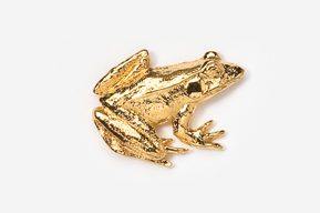 A gold frog sitting on top of a white surface.