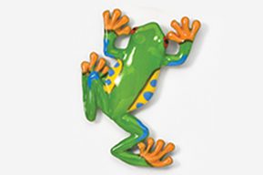 A green frog with orange and blue spots on it's back legs.