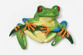 A green frog with orange and blue stripes on its back.