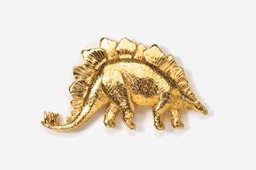 A gold colored stegosaurus dinosaur pin.