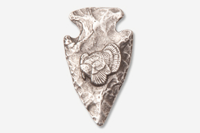 A silver arrowhead with an image of turkey on it.