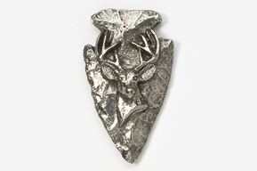 A silver arrowhead with a deer head on it.