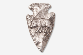 A silver arrowhead with a bear on it.