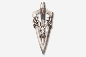 A silver arrowhead with deer heads on it.