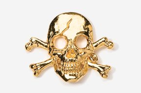 A gold skull and crossbones pin is shown.